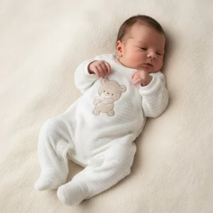 Tutina Neonato in Ciniglia Bianca con Orsetto beige