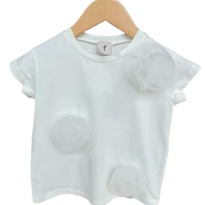 T-shirt in Cotone con Fiori in Tulle