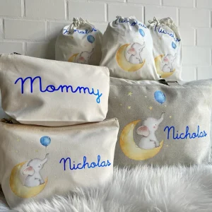 Borsone Elefantino sulla luna , 2 pochette  e 3 sacchi in cotone organico