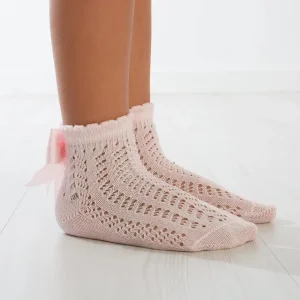 Calze bimba basse con fiocco traforate Baby pink Meia Pata