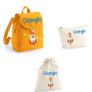 Set asilo Mini Zaino personalizzabile, Sacchetto cambi e beauty Razzo