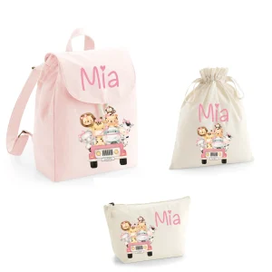 Set asilo personalizzabile Mini Zaino, Sacchetto cambi e beauty Safari Rosa