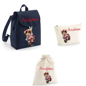 Set asilo Mini Zaino personalizzabile , Sacchetto cambi e beauty Orsetto in Moto